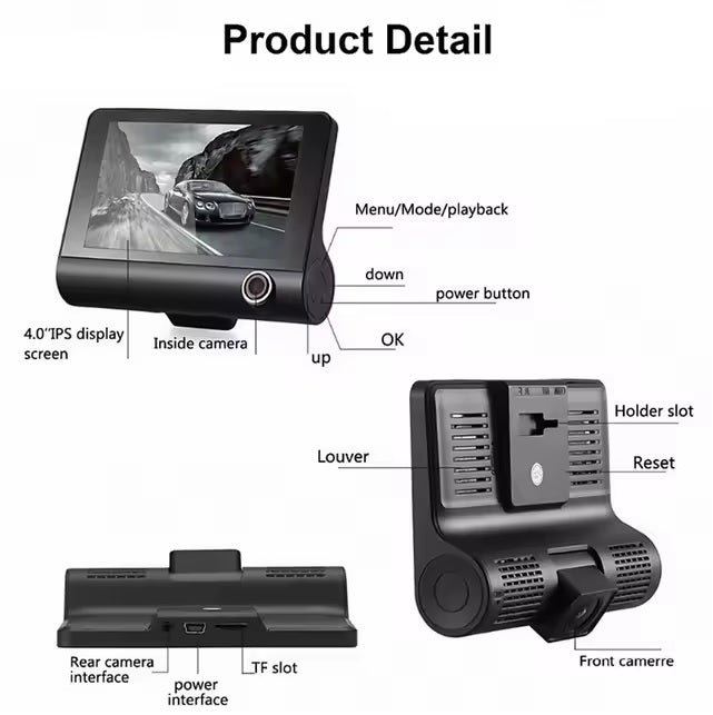 Pantalla DVR full HD con 3 cámaras, frontal, trasera e interior