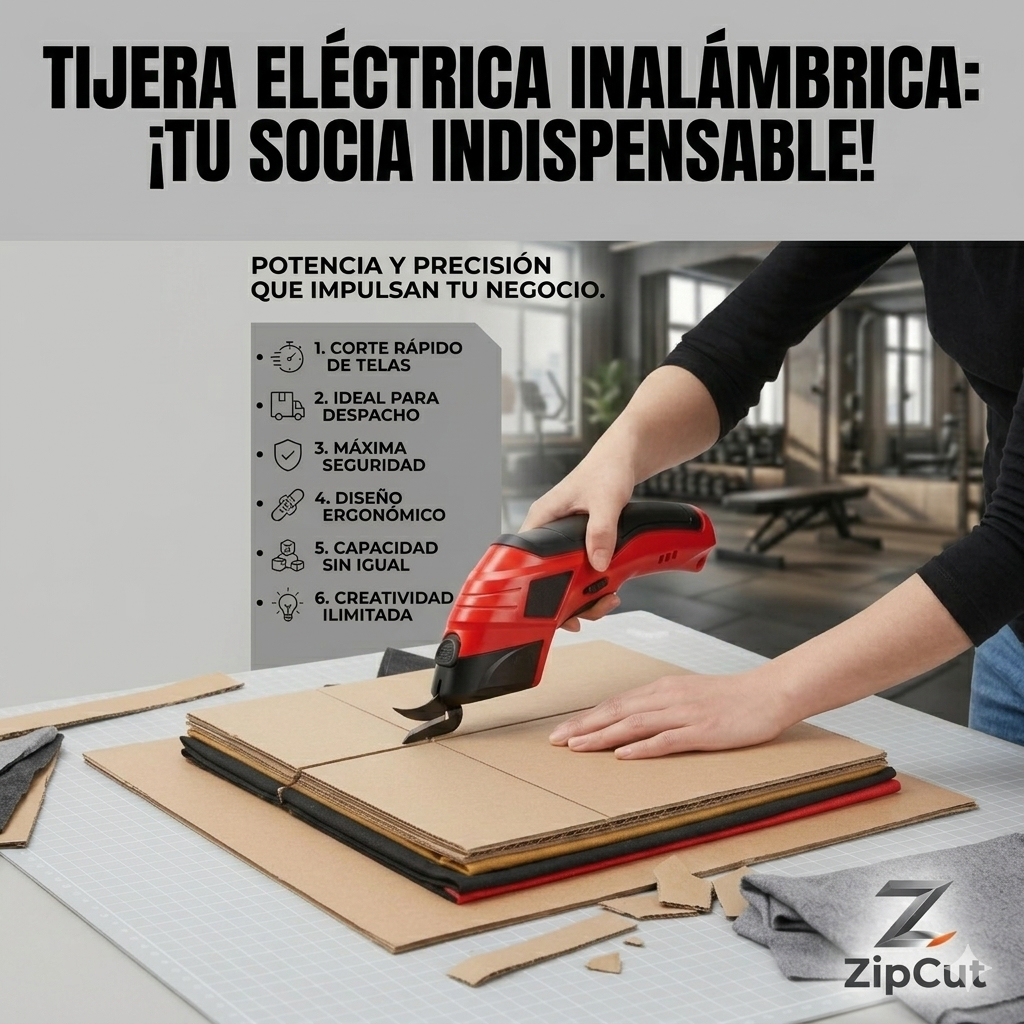 Tijera eléctrica inalámbrica con cuchillas de acero inoxidable corta cartón, tela y materiales gruesos sin esfuerzo físico.