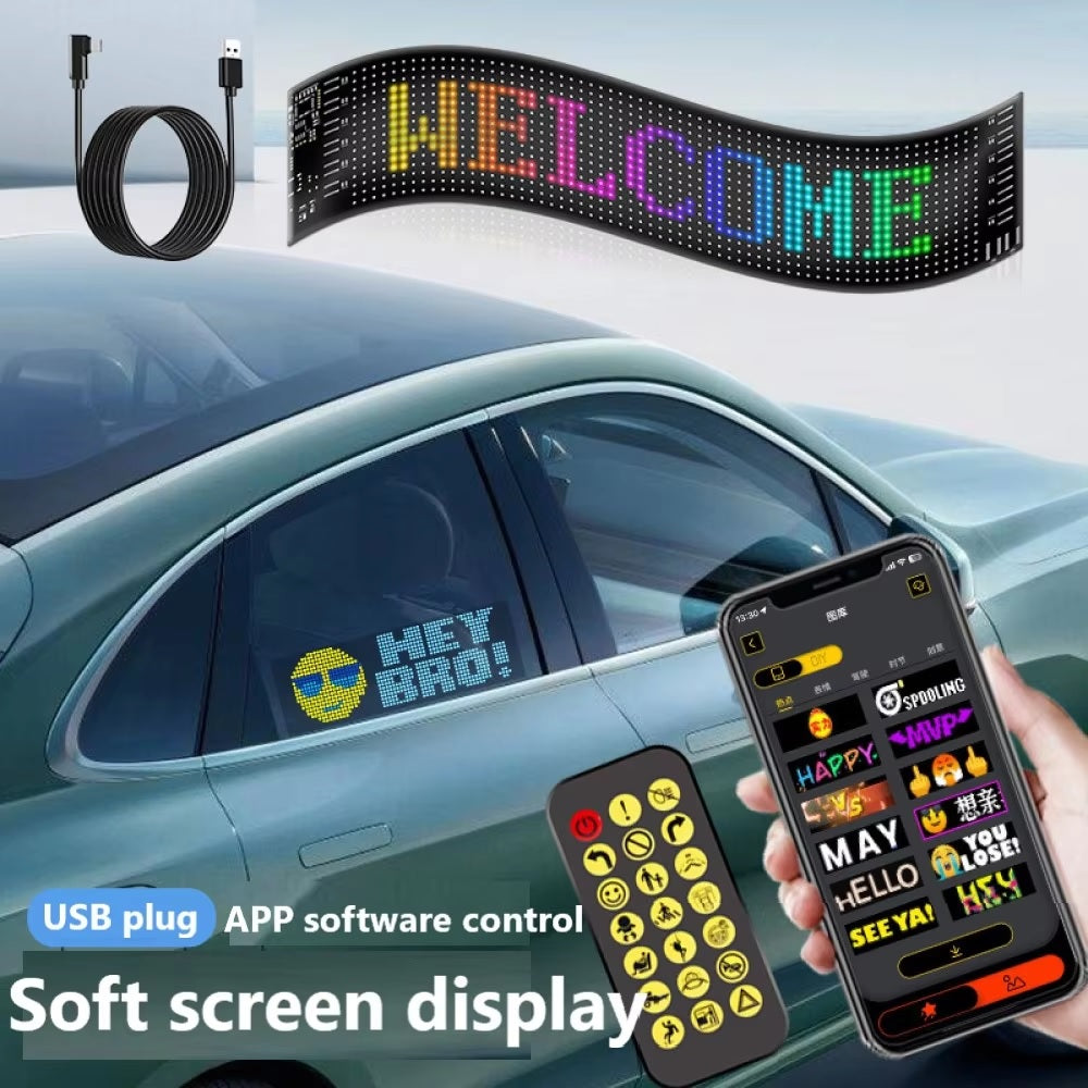 Letrero LED Programable Flexible USB 9x37 cm con App Bluetooth para Auto o Negocio