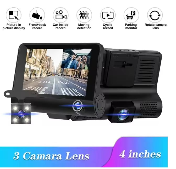 Pantalla DVR full HD con 3 cámaras, frontal, trasera e interior