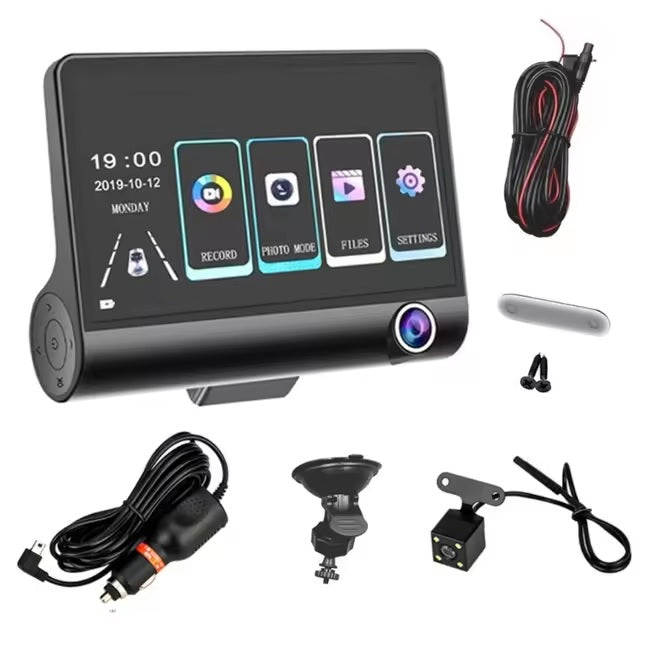 Pantalla DVR full HD con 3 cámaras, frontal, trasera e interior
