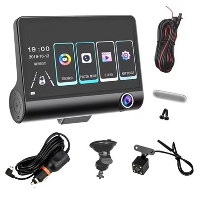 Pantalla DVR full HD con 3 cámaras, frontal, trasera e interior