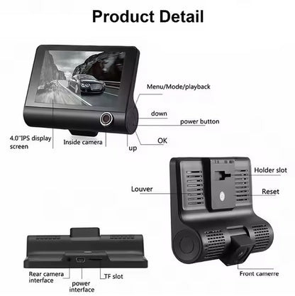 Pantalla DVR full HD con 3 cámaras, frontal, trasera e interior