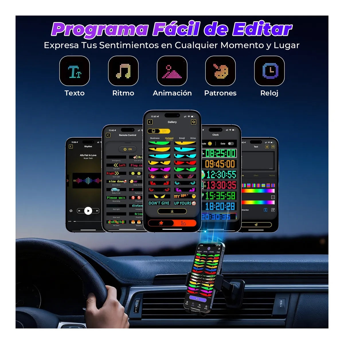 Letrero LED Programable Flexible USB 9x37 cm con App Bluetooth para Auto o Negocio