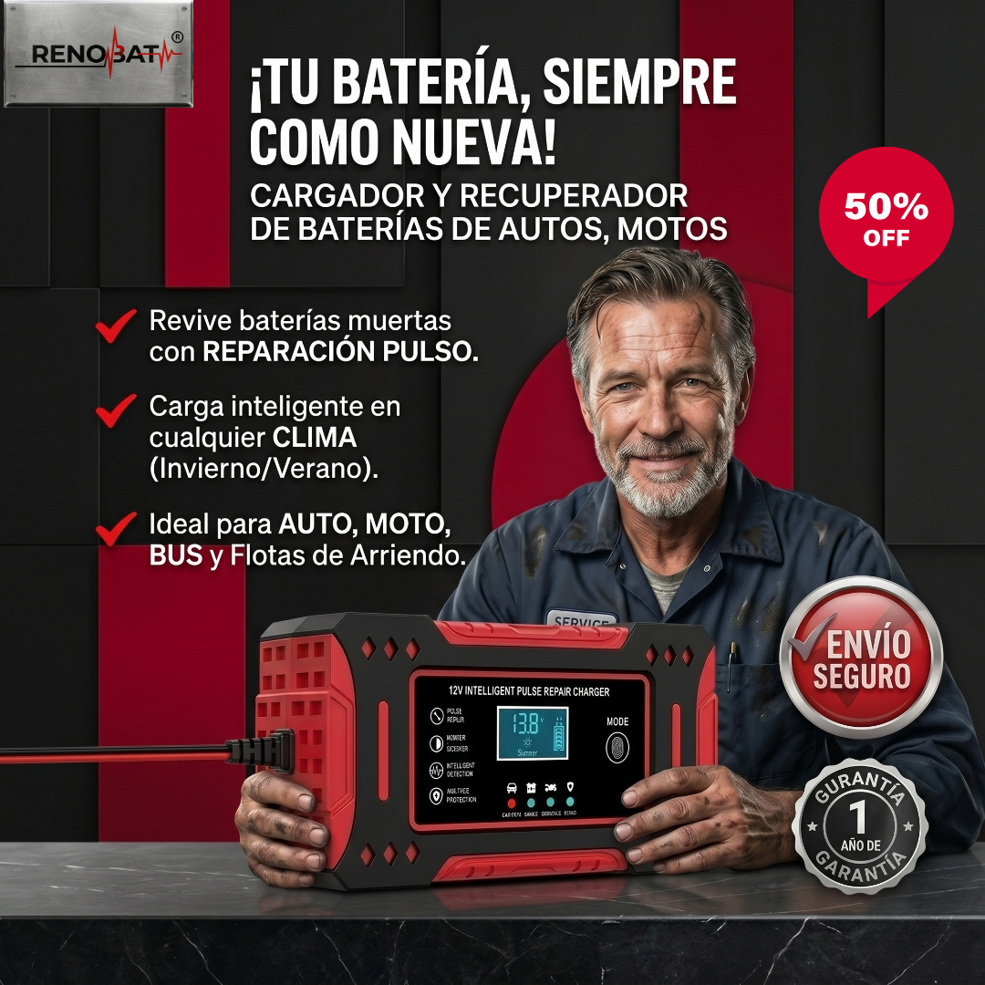RENOBAT® Cargador y Reparador Inteligente por Pulso de Baterías de 12 Volts de autos, motos y AGM/Gel