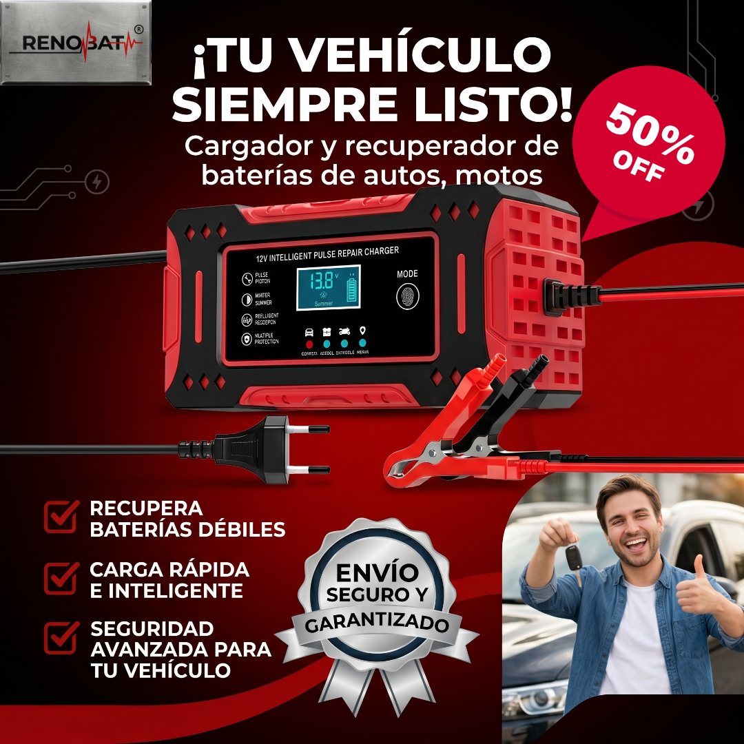 RENOBAT® Cargador y Reparador Inteligente por Pulso de Baterías de 12 Volts de autos, motos y AGM/Gel