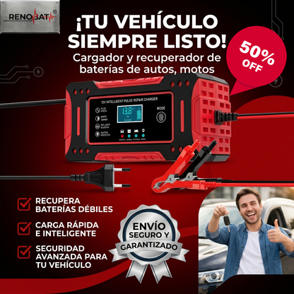 RENOBAT® Cargador y Reparador Inteligente por Pulso de Baterías de 12 Volts de autos, motos y AGM/Gel