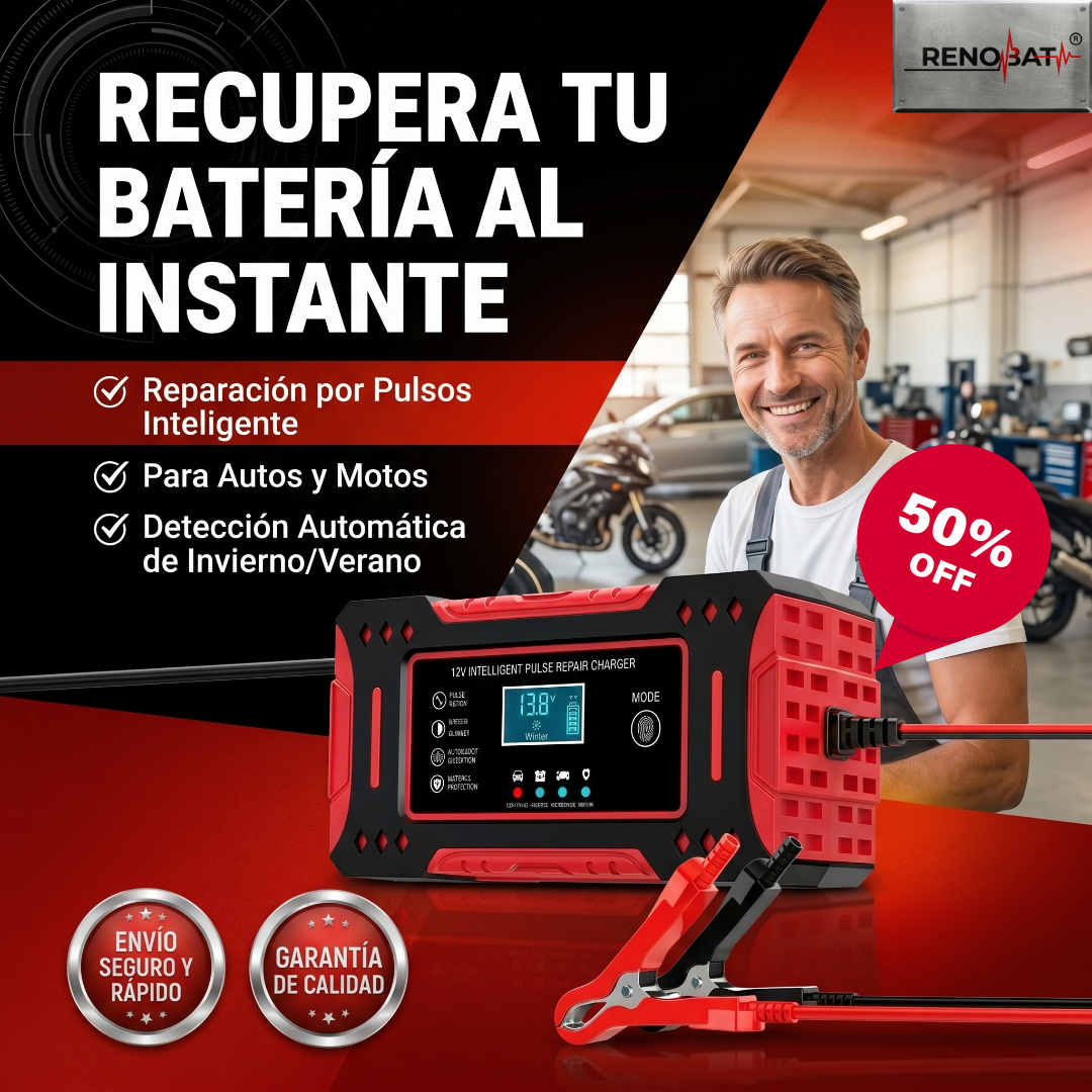 RENOBAT® Cargador y Reparador Inteligente por Pulso de Baterías de 12 Volts de autos, motos y AGM/Gel