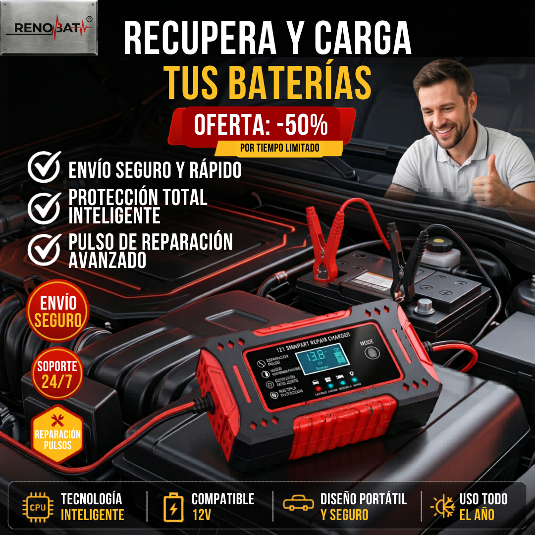 RENOBAT® Cargador y Reparador Inteligente por Pulso de Baterías de 12 Volts de autos, motos y AGM/Gel