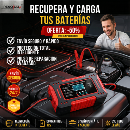 RENOBAT® Cargador y Reparador Inteligente por Pulso de Baterías de 12 Volts de autos, motos y AGM/Gel