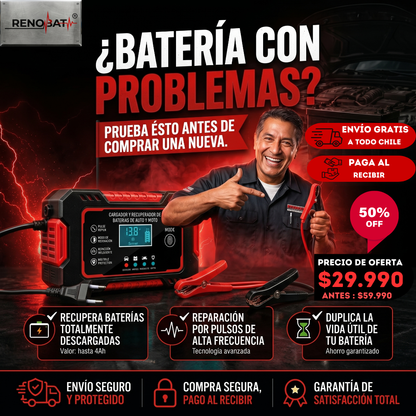 RENOBAT® Cargador y Reparador Inteligente por Pulso de Baterías de 12 Volts de autos, motos y AGM/Gel