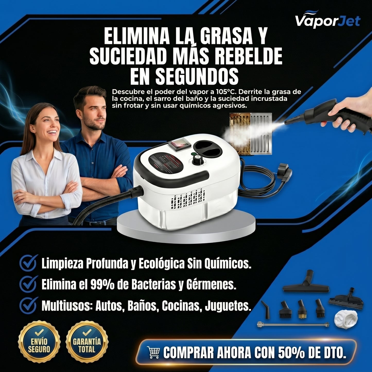 Limpiador a Presión de Vapor  2500w formato portátil para cocina, baños, auto